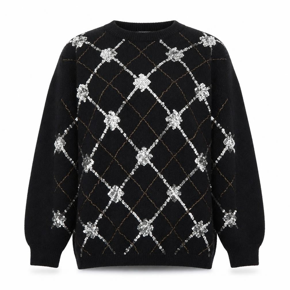 Front view of Alfred Dunner women’s black argyle/diamond jumper, size M