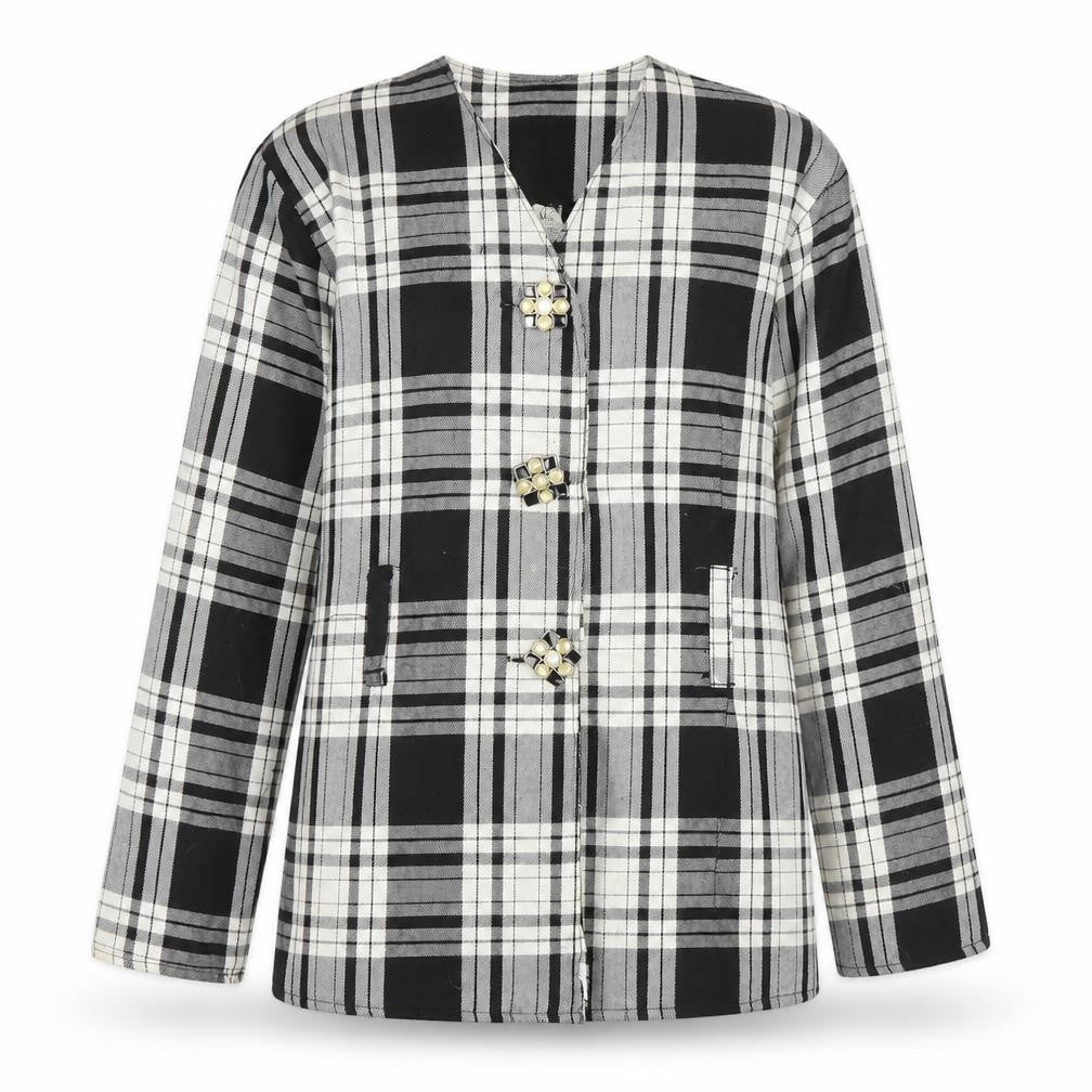 Front view of Preworn women’s black plaid jacket blazer, size UK 12