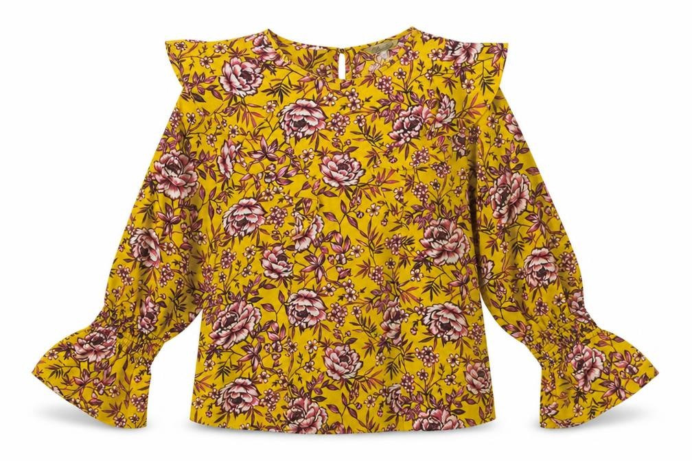 Front view of Peacocks women’s yellow floral satin basic blouse, size UK 8