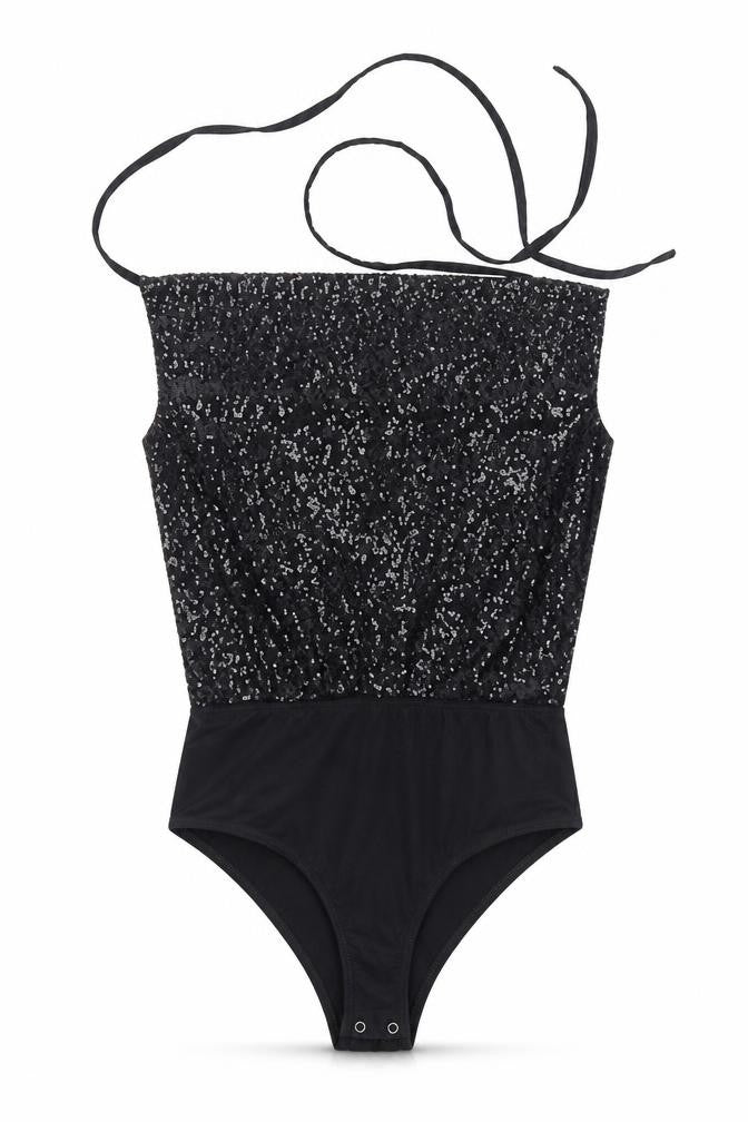 Front view of Missguided women’s black bodysuit one-piece, size UK 12