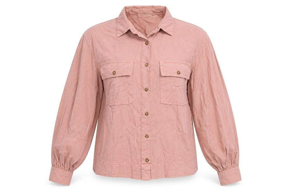 Front view of Topshop women’s pink basic button-up, size UK 8