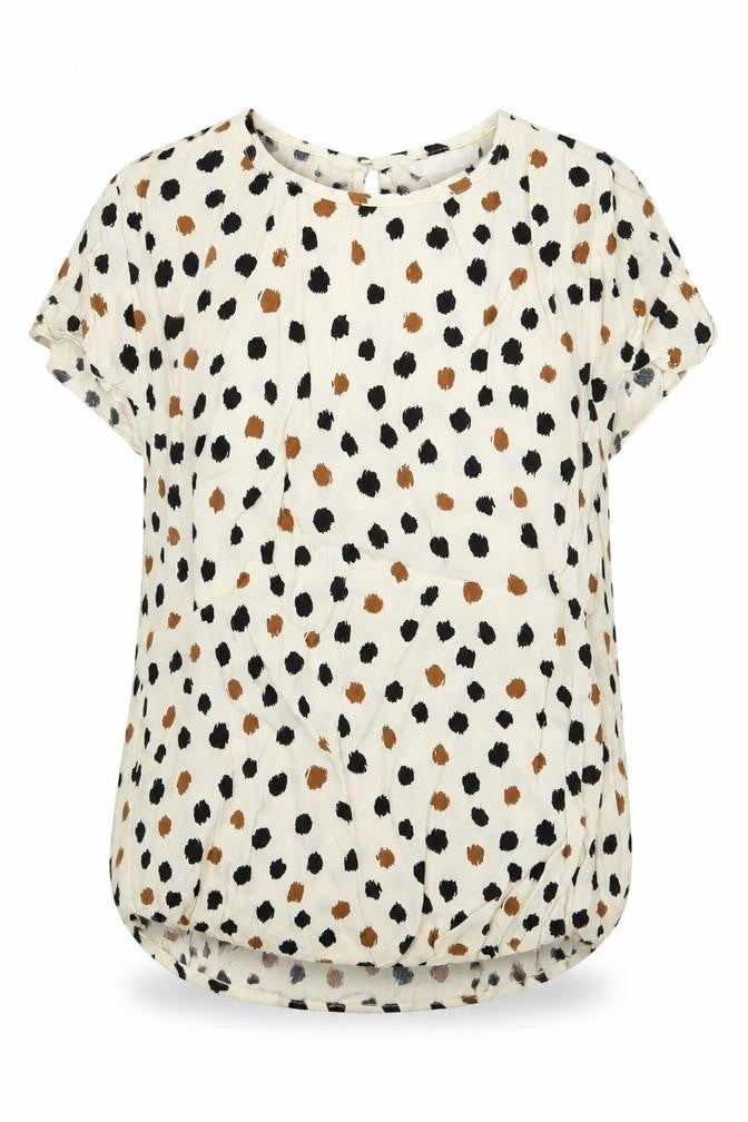 Front view of H&M women’s beige polka dot basic blouse, size UK 4