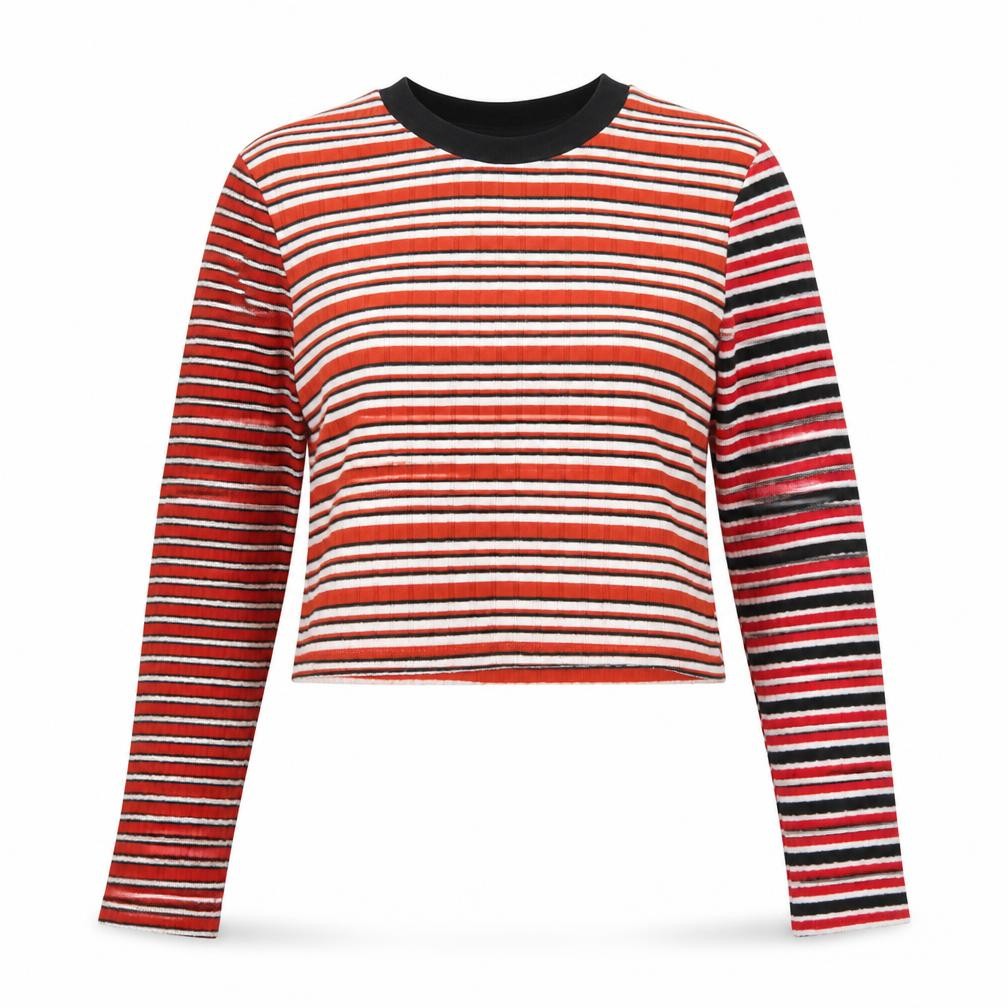 Front view of Topshop women’s red striped basic t-shirt, size UK 6