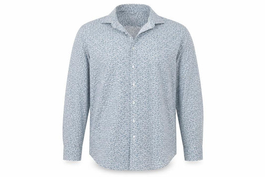 Front view of Heritage men’s blue floral button-up, size 16.5