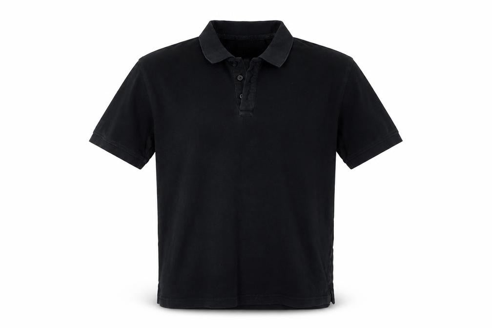 Front view of Easy men’s blue polo, size M