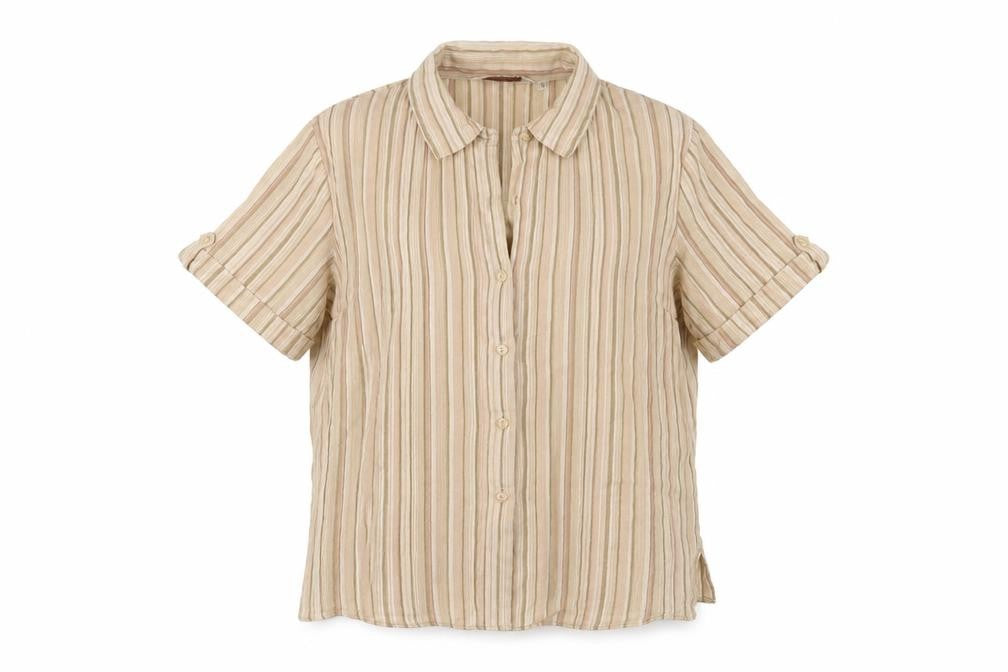 Front view of EWM women’s beige striped basic button-up, size UK 16