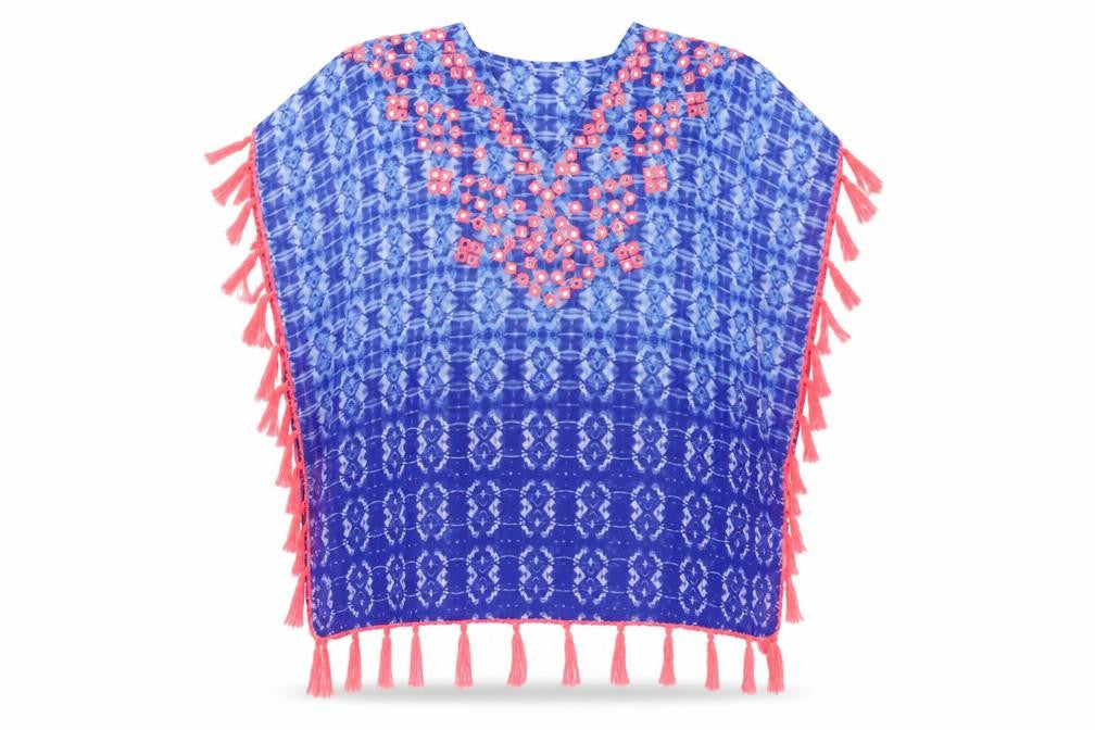 Front view of Boohoo women’s blue poncho, size UK 14