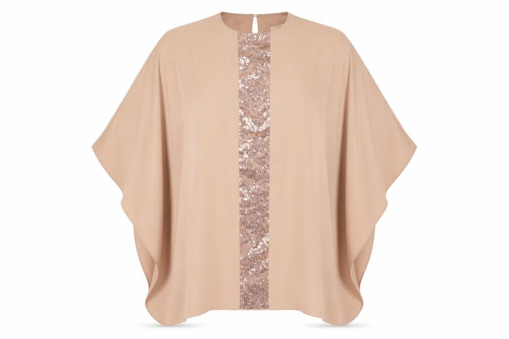 Front view of filizzade women’s beige poncho, size UK 2