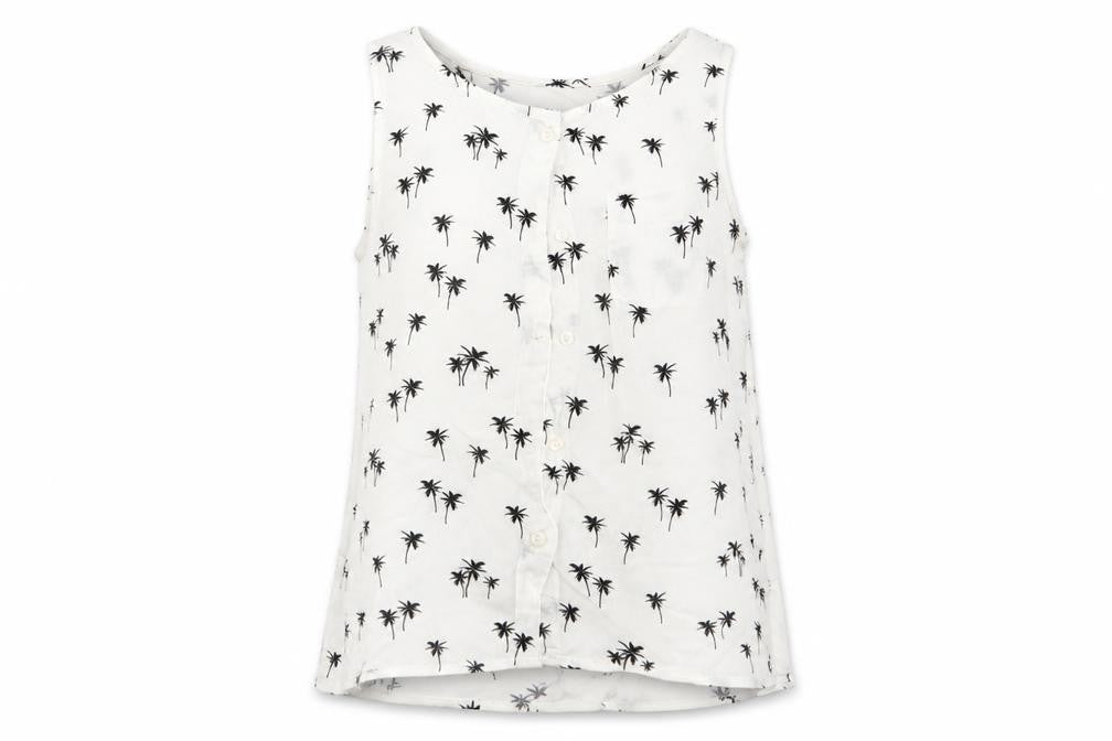 Front view of H&M girls’ white floral basic blouse, size 11, years - palm tree print