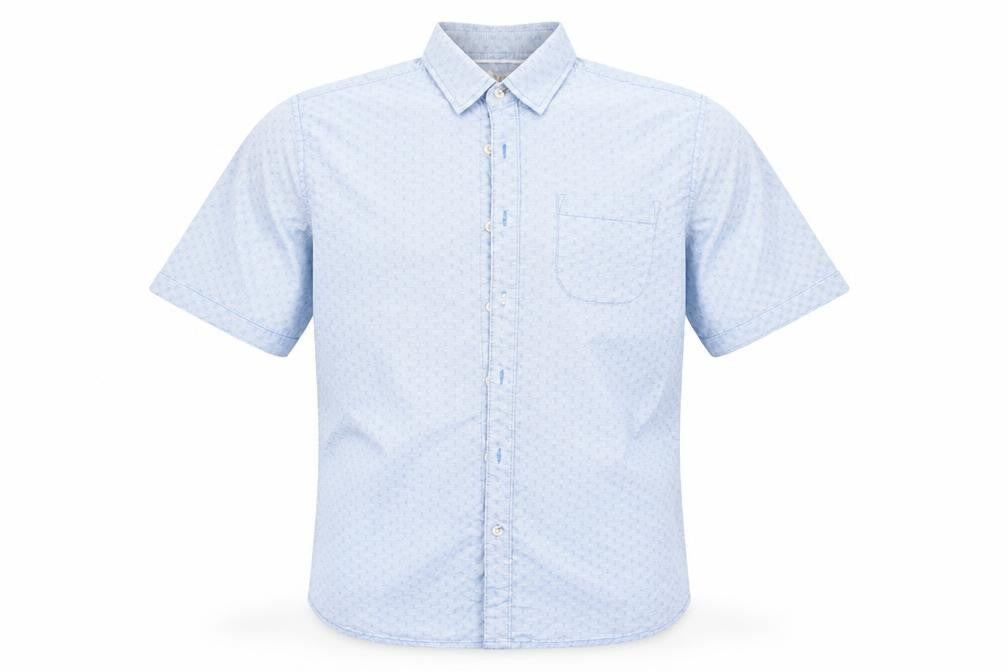 Front view of ACW 85 men’s blue striped button-up, size M