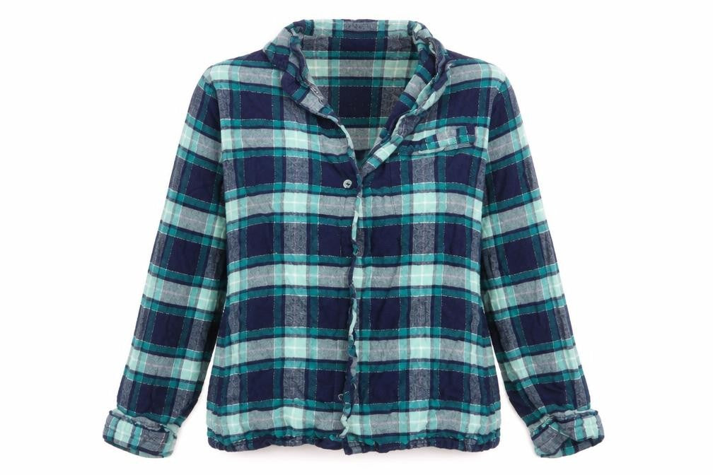 Front view of Marks & Spencer women’s blue check pyjama top, size UK 12, - subtle shimmer effect