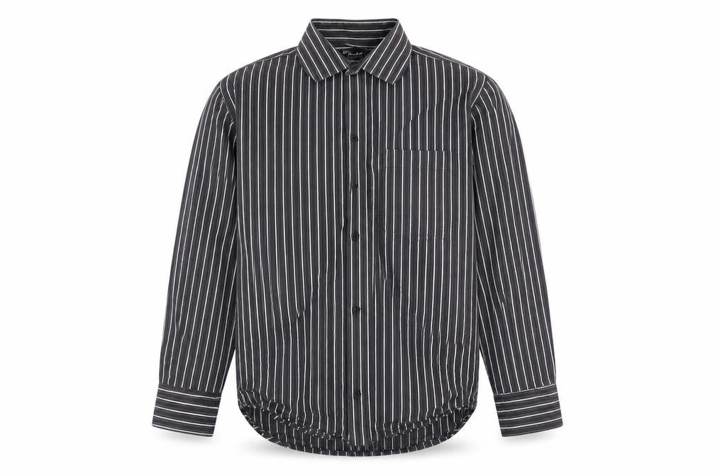 Front view of John Master men’s brown striped button-up, size L