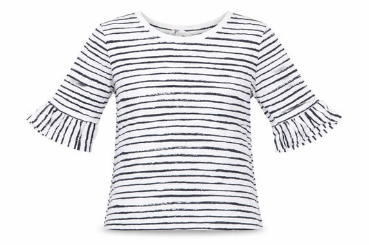 Front view of The Kids Division girls’ blue striped tunic t-shirt, size 7-8, years