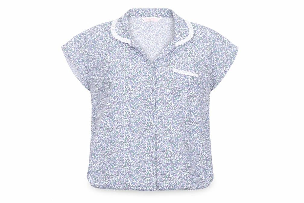 Front view of Secret women’s blue floral basic button-up, size S