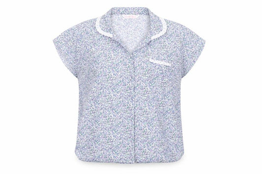 Front view of Secret women’s blue floral basic button-up, size S