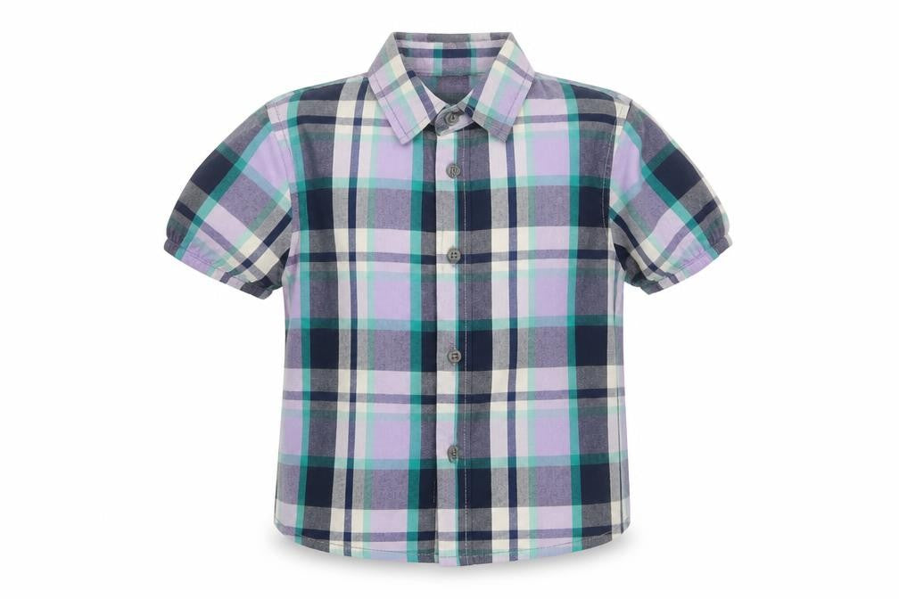 Front view of Tu boys’ purple basic button-up, size 5-6, years