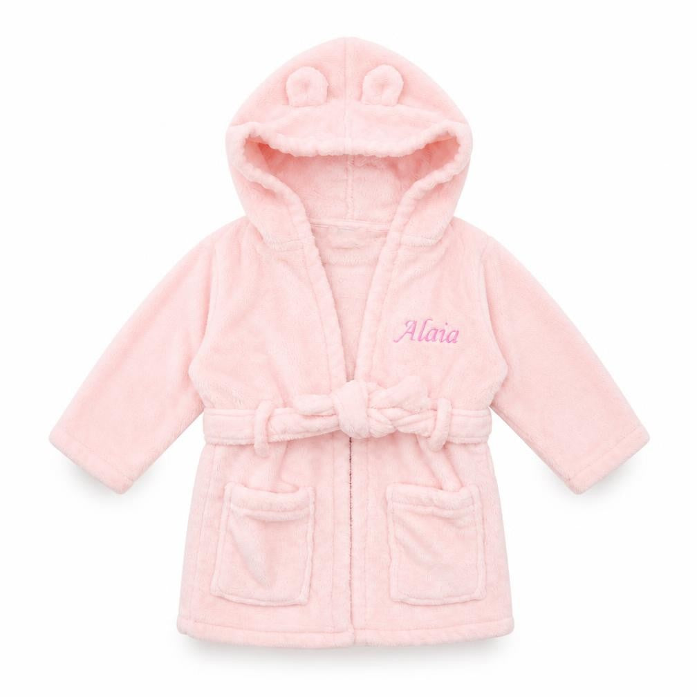 Front view of MY1STYEARS girls’ pink solid robe, size 6-9, months