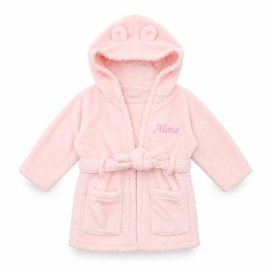 Front view of MY1STYEARS girls’ pink solid robe, size 6-9, months