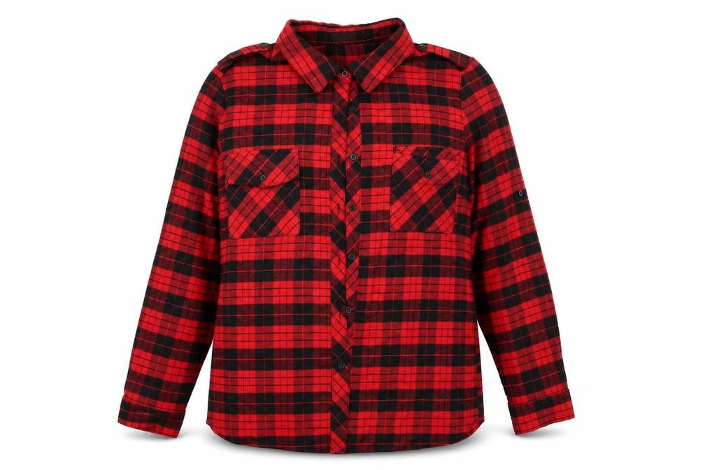 Front view of Allegra K women’s red check basic button-up, size XL