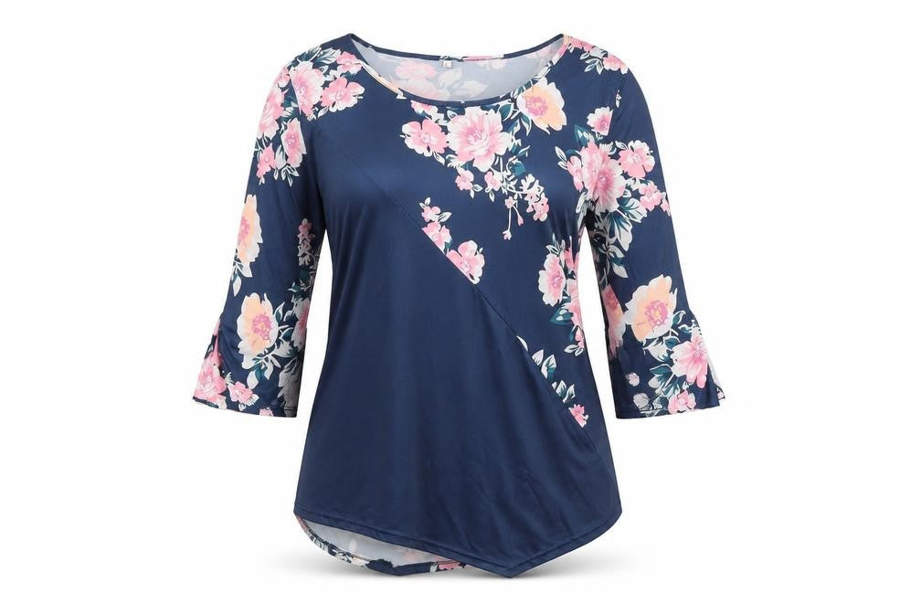 Front view of Preworn women’s blue floral basic blouse, size L