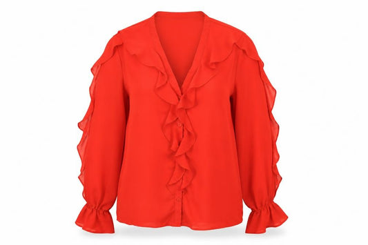 Front view of F&F women’s red basic button-up, size UK 10