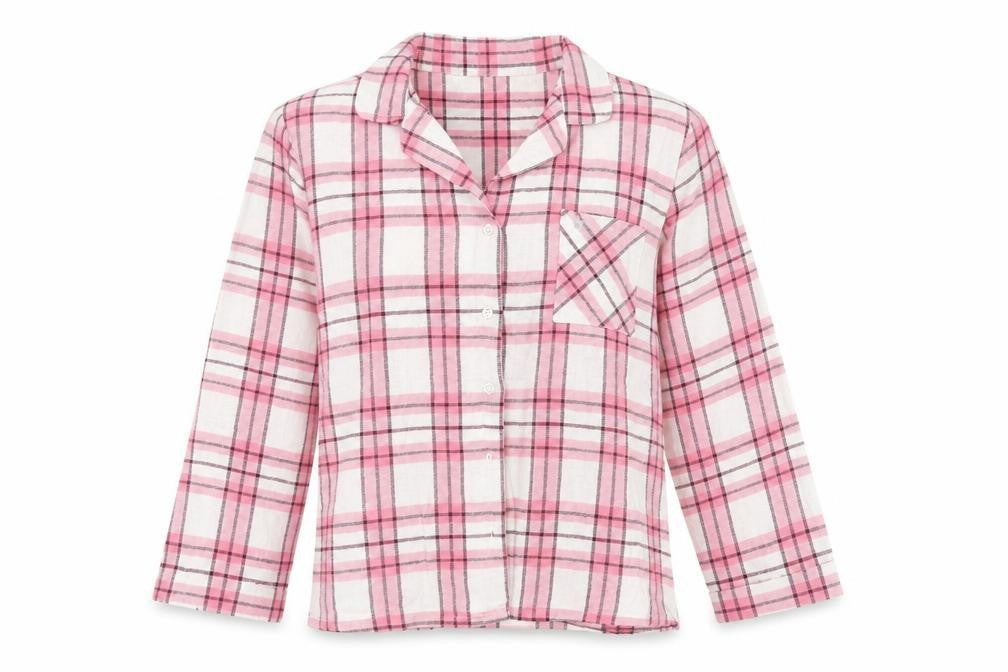 Front view of Preworn women’s pink plaid top pyjama top, size UK 10