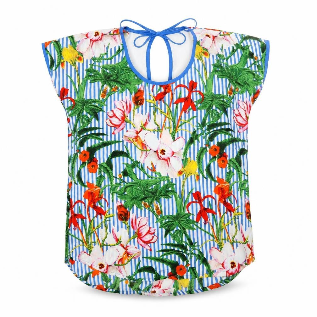 Front view of Pep&Co women’s multicoloured floral basic blouse, size UK 10, - striped & floral print