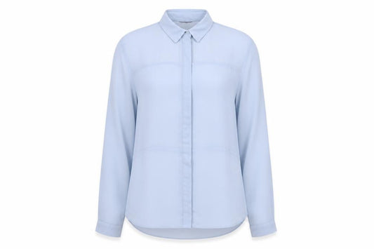 Front view of Topshop women’s blue basic button-up, size UK 8, - sheer fabric