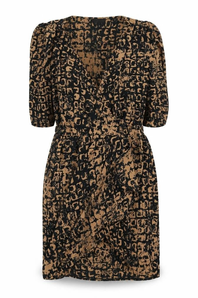Front view of Topshop women’s brown geometric wrap dress, size UK 8