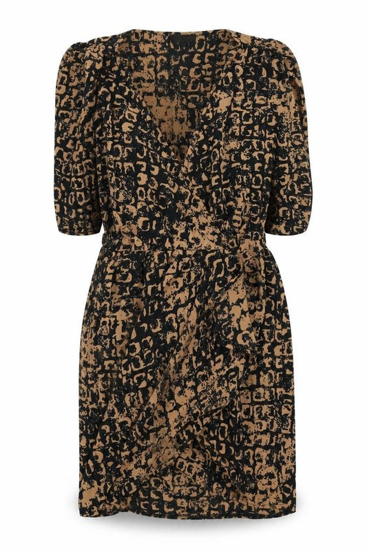 Front view of Topshop women’s brown geometric wrap dress, size UK 8