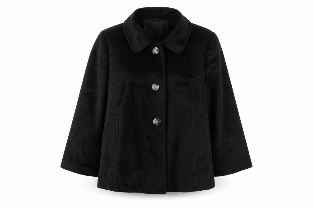 Front view of Editions women’s black overcoat coat, size UK 16