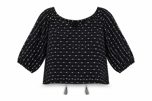 Front view of F&F women’s black striped basic blouse, size UK 10
