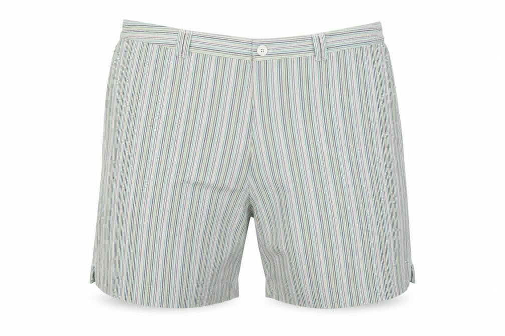 Front view of Bonmarché men’s multicoloured striped bermuda shorts, size L