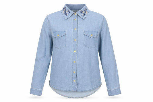 Front view of Topshop women’s blue floral basic button-up, size UK 6