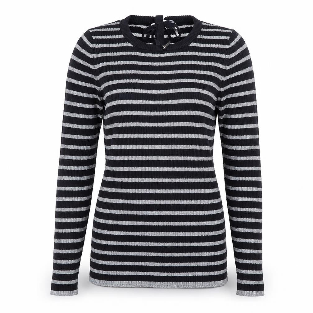 Front view of Oui women’s black striped jumper, size UK 14