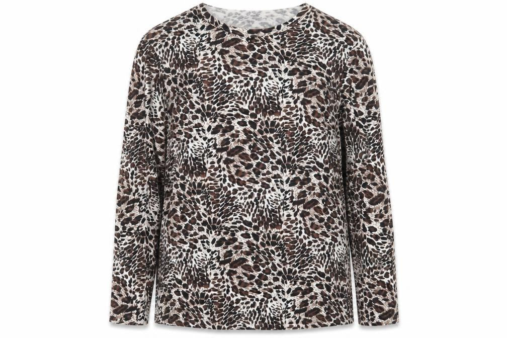 Front view of Kin Da women’s brown animal print basic t-shirt, size L
