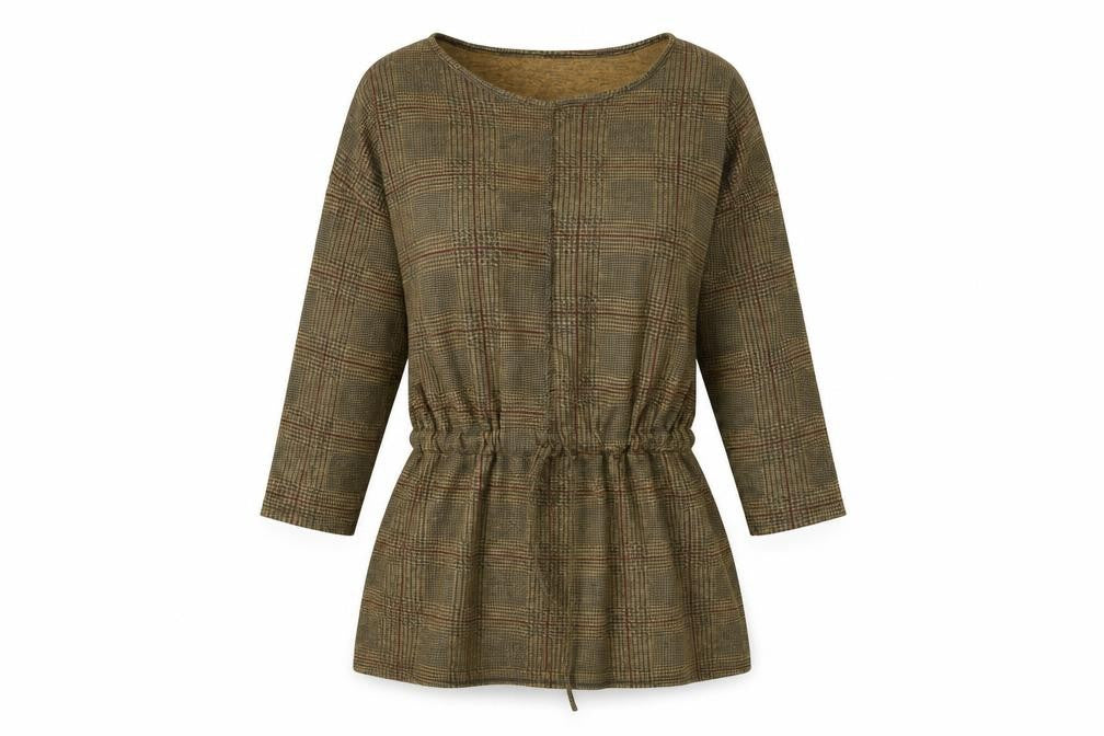 Front view of women’s brown check pullover sweatshirt, size S