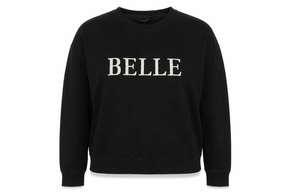 Front view of New Look women’s black pullover sweatshirt, size UK 10