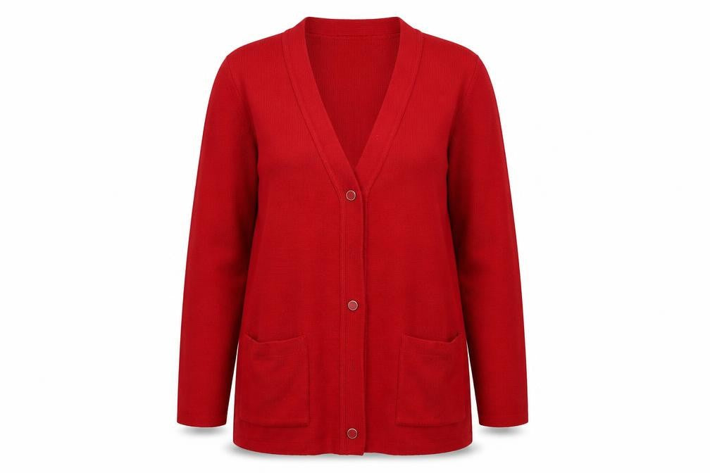 Front view of Bonmarché women’s red cardigan jumper, size M