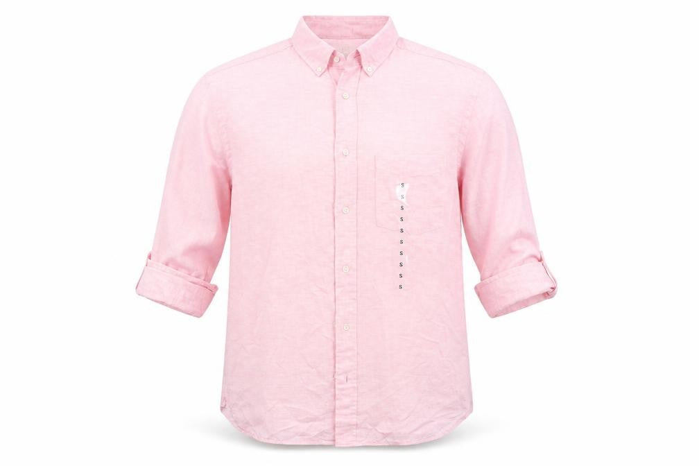 Front view of H&M men’s pink button-up, size S
