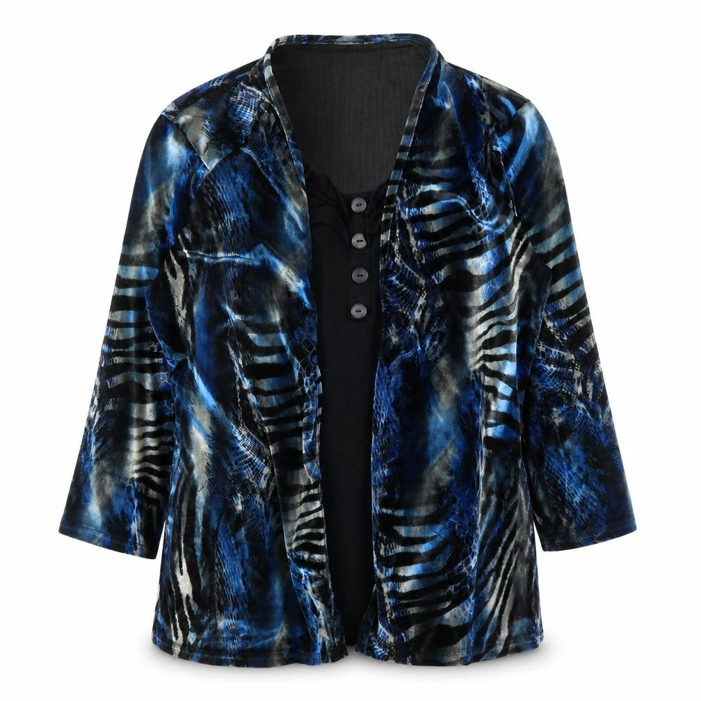 Front view of Gerard women’s blue animal print basic blouse, size UK 14, - zebra print