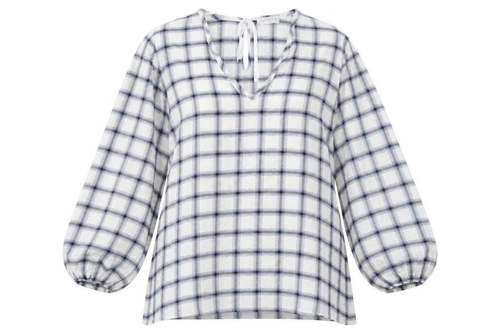 Front view of Matalan women’s blue check pullover sweatshirt, size UK 12