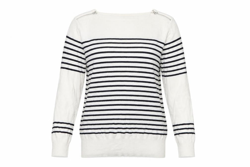 Front view of Debenhams women’s blue striped pullover sweatshirt, size UK 14