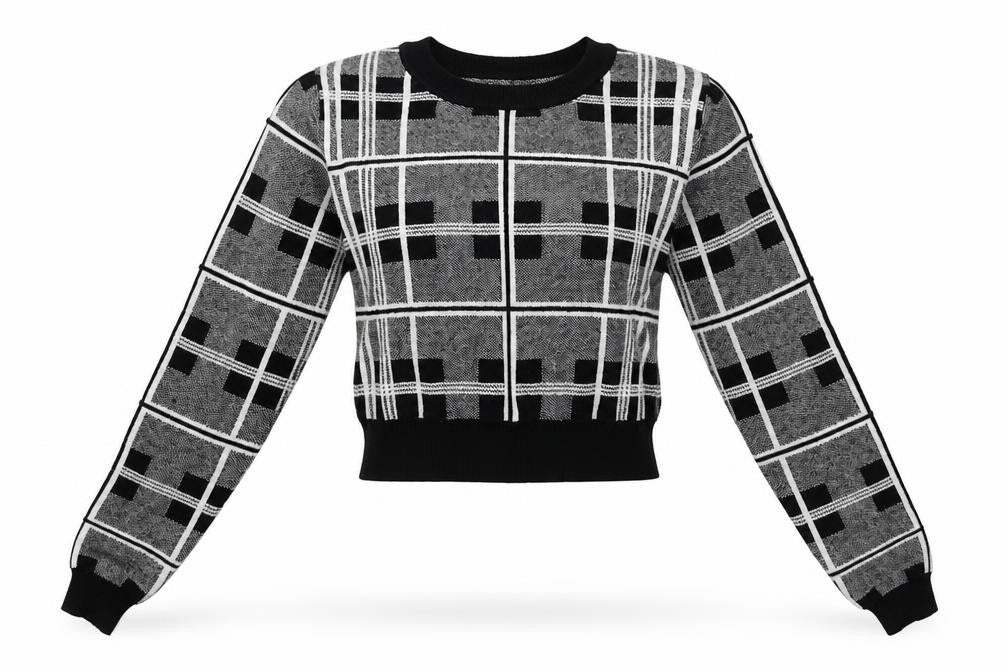 Front view of Primark women’s grey check pullover sweatshirt, size UK 8, - cropped