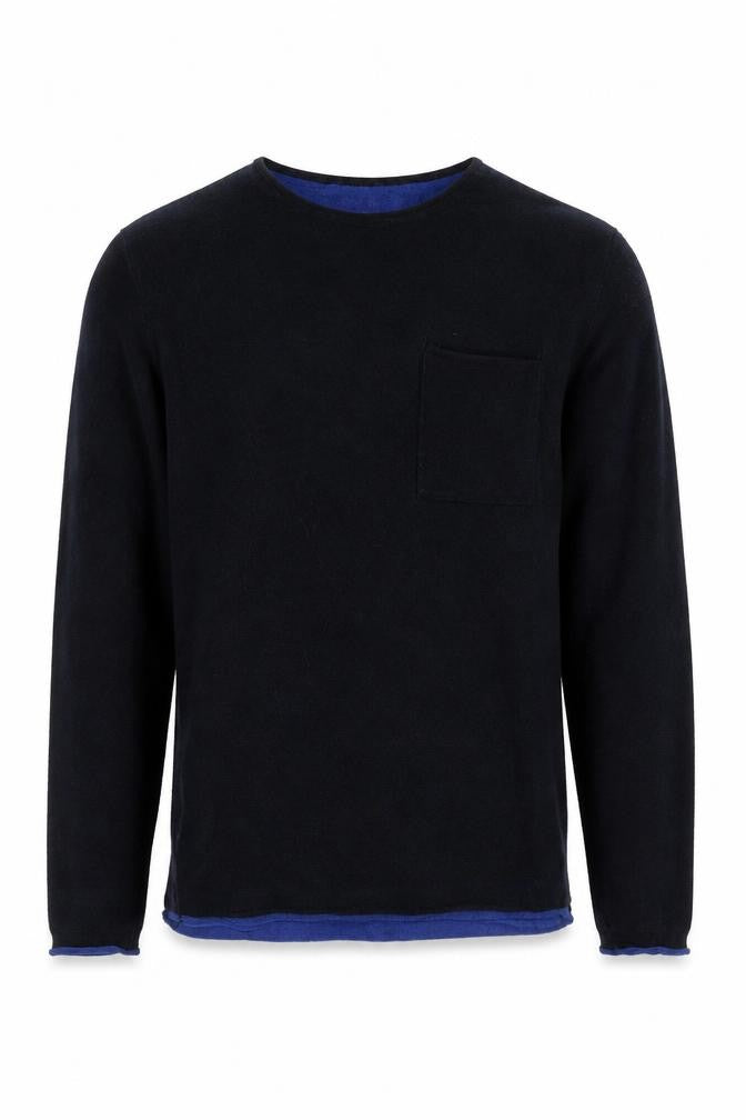 Front view of H&M men’s blue pullover sweatshirt, size S
