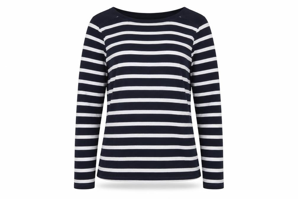 Front view of Next women’s blue striped pullover sweatshirt, size UK 8