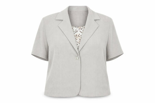 Front view of Berkertex women’s beige basic button-up, size UK 16, - faux blouse front