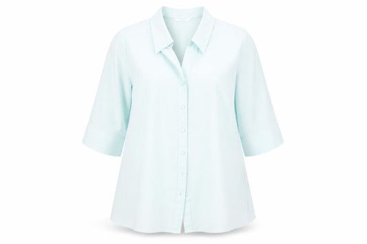 Front view of Marks & Spencer women’s green striped basic button-up, size UK 16, - subtle shimmer effect mint green