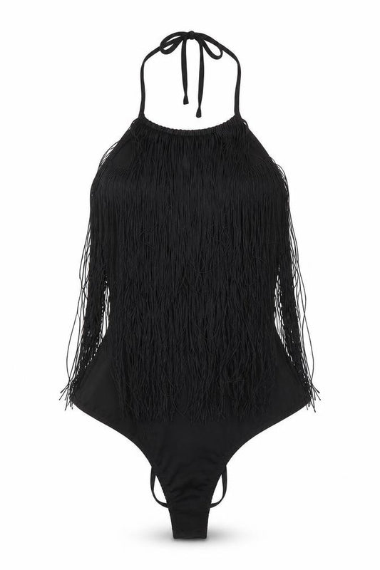 Front view of PRETTYLITTLETHING women’s black bodysuit one-piece, size UK 4