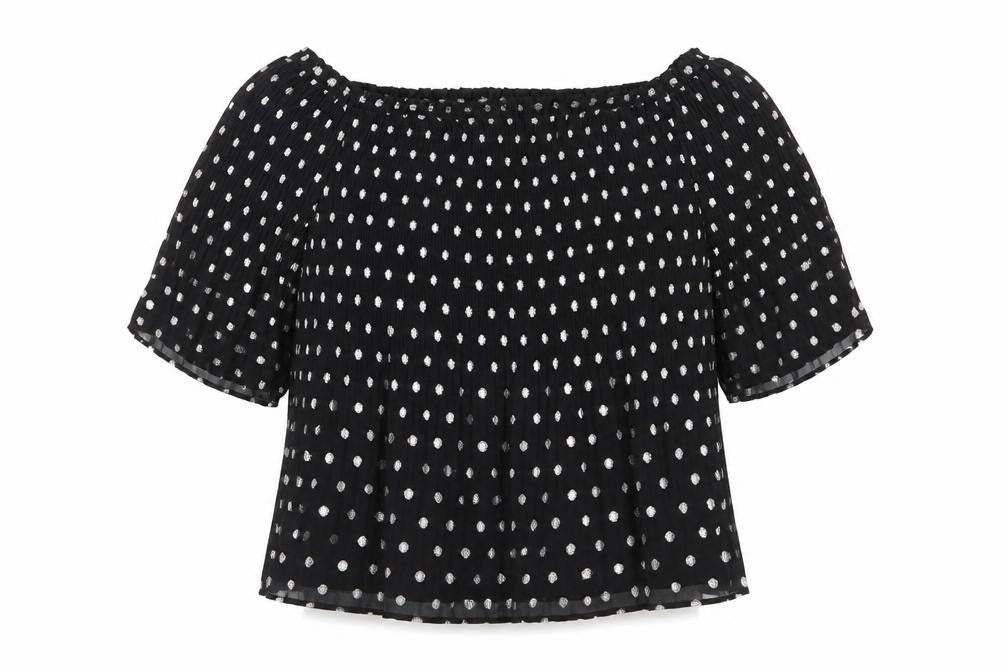 Front view of Next women’s black polka dot basic blouse, size UK 12